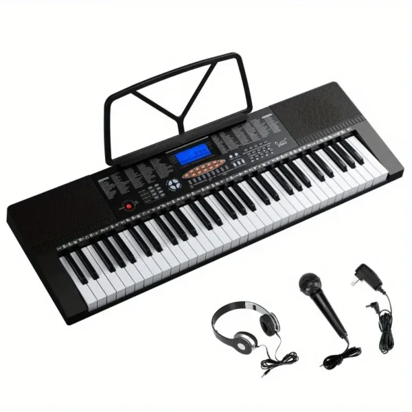 GEP-107 61-Key Portable Keyboard with Built-In Speakers, Headphone, Microphone & Music Rest – 200 Timbres, 200 Rhythms, 60 Demos, 3 Teaching Modes for Beginners, Black ABS Design, USB Powered, Portable Music Instrument | Multifunctional Musical Keyboard | Abs Plastic Body