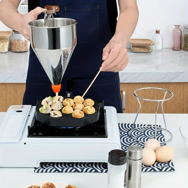 Stainless Steel Pancake & Cake Batter Dispenser with Detachable Handle - Handheld Liquid Separator Funnel for Even Pouring, Includes Whisk & Decorating Tips, Ideal for Cupcakes, Muffins, & Funnel Cakes - Food-Safe, No Electricity Needed, Pancake Batter Dispenser