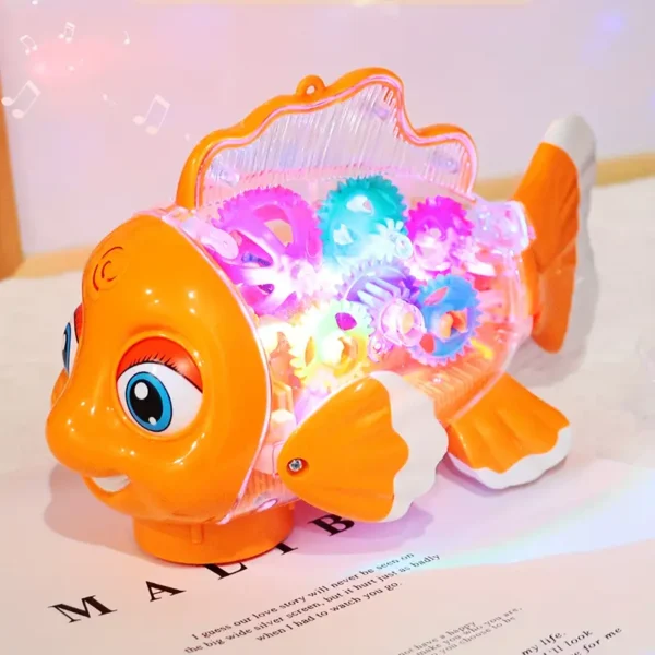 Interactive Clown Fish Toy for Youngsters - Colorful Lights & Fun Music, Transparent Gear Design - Ideal Creative Gift for Birthdays, Christmas, Halloween, Thanksgiving - Orange with Yellow Fin