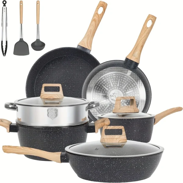 Non-stick 12 POTS and pans Set, Cookware Set, including frying pan, pan, steamer, silicone spatula and tongs - Granite cooking Set (black)